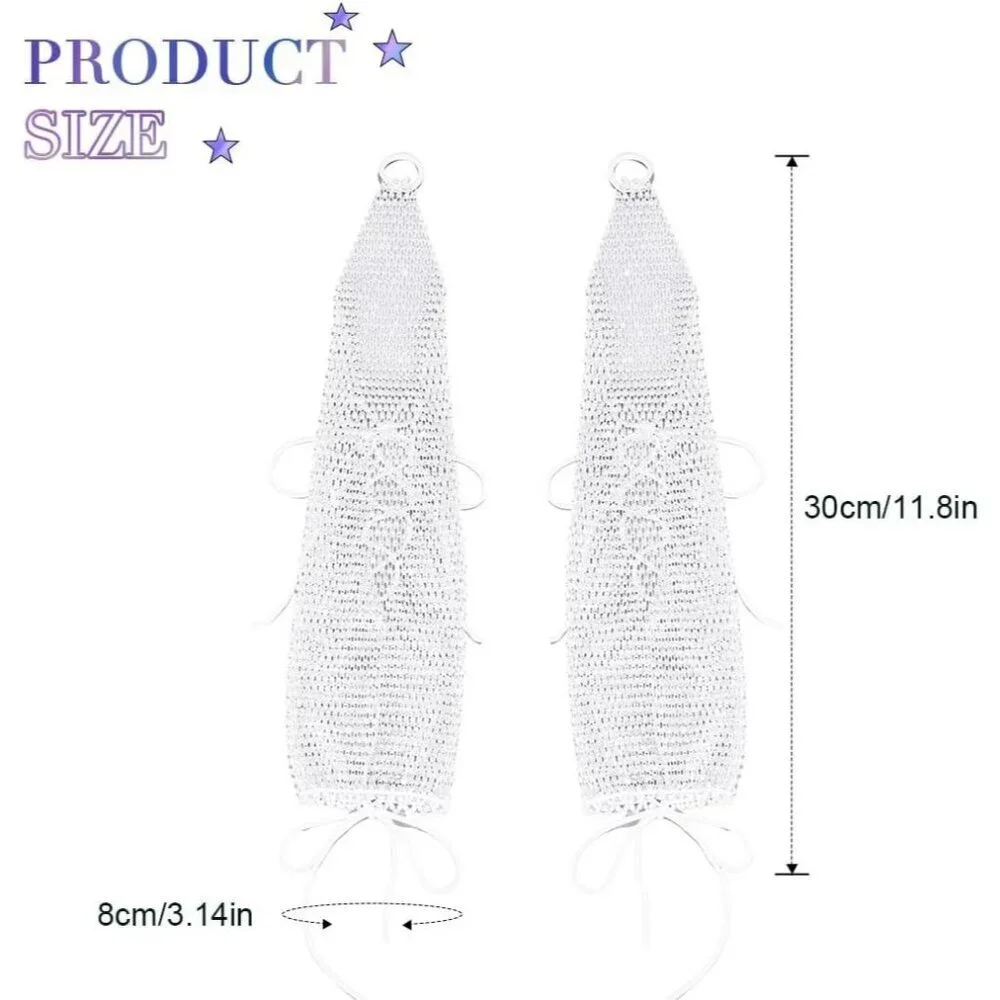 Women's Rhinestone Long Arm Rave Sleeves Fingerless Gloves White Fishnet